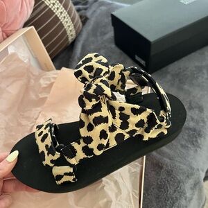 Loeffler Randall Black and Cream Sandals with Chic Leopard Print